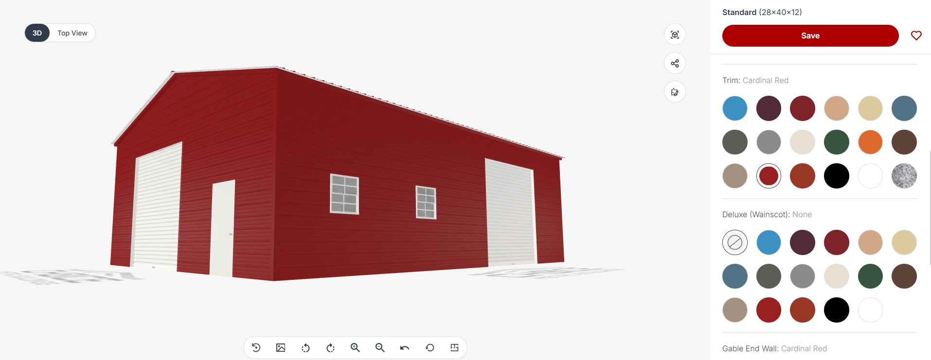 Choice Metal Buildings 3D Designer showing a red custom garage and color options